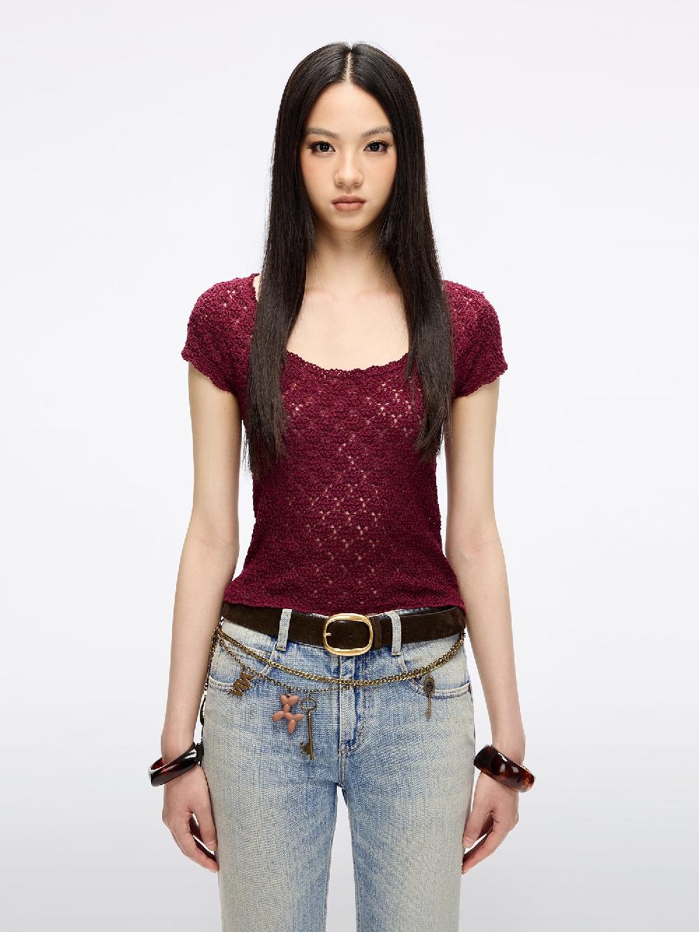 miss sixty HOLLOW-OUT KNIT TOP DARK RED