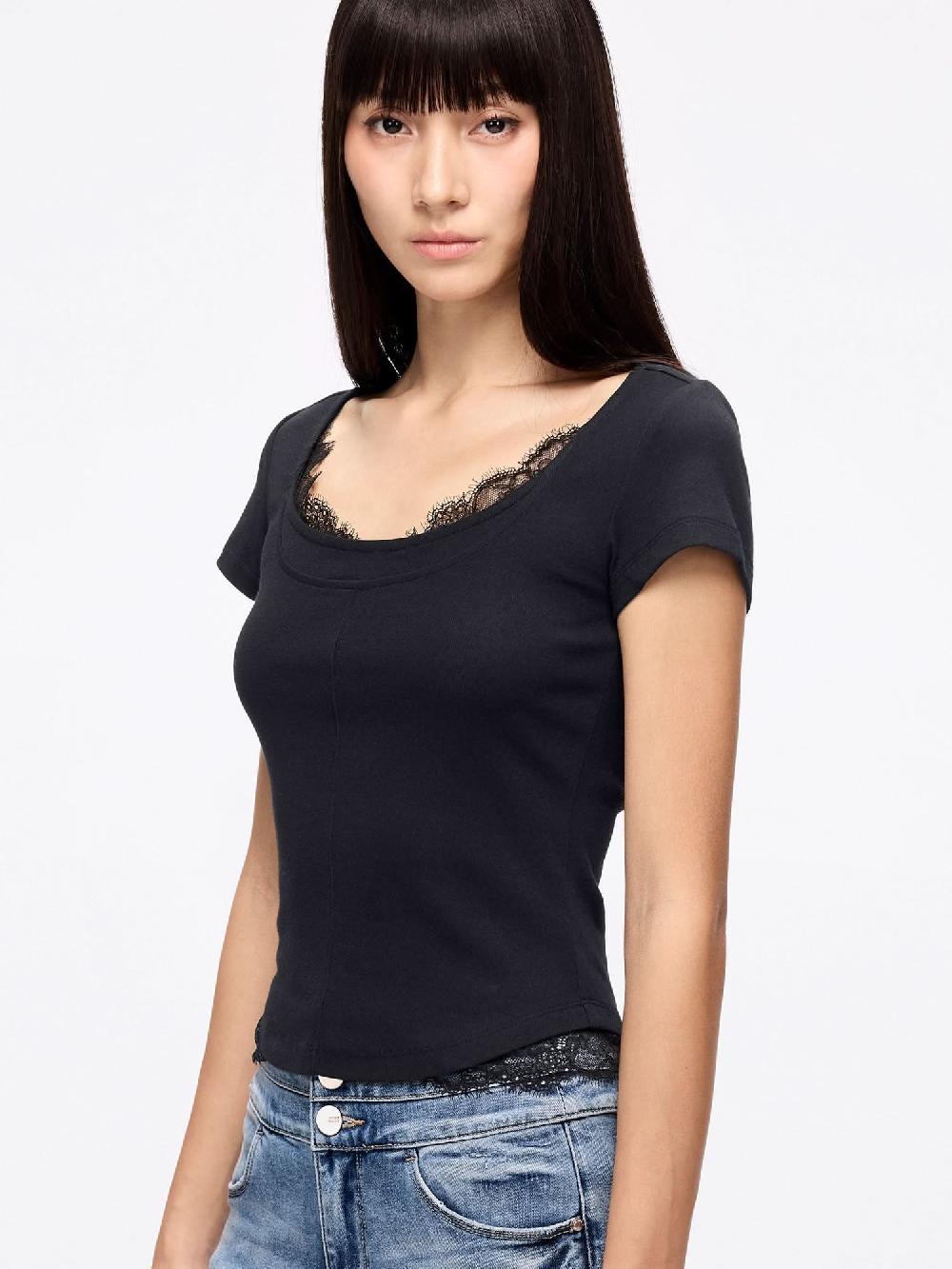 Miss Sixty LACE PANEL CROPPED T-SHIRT BLACK