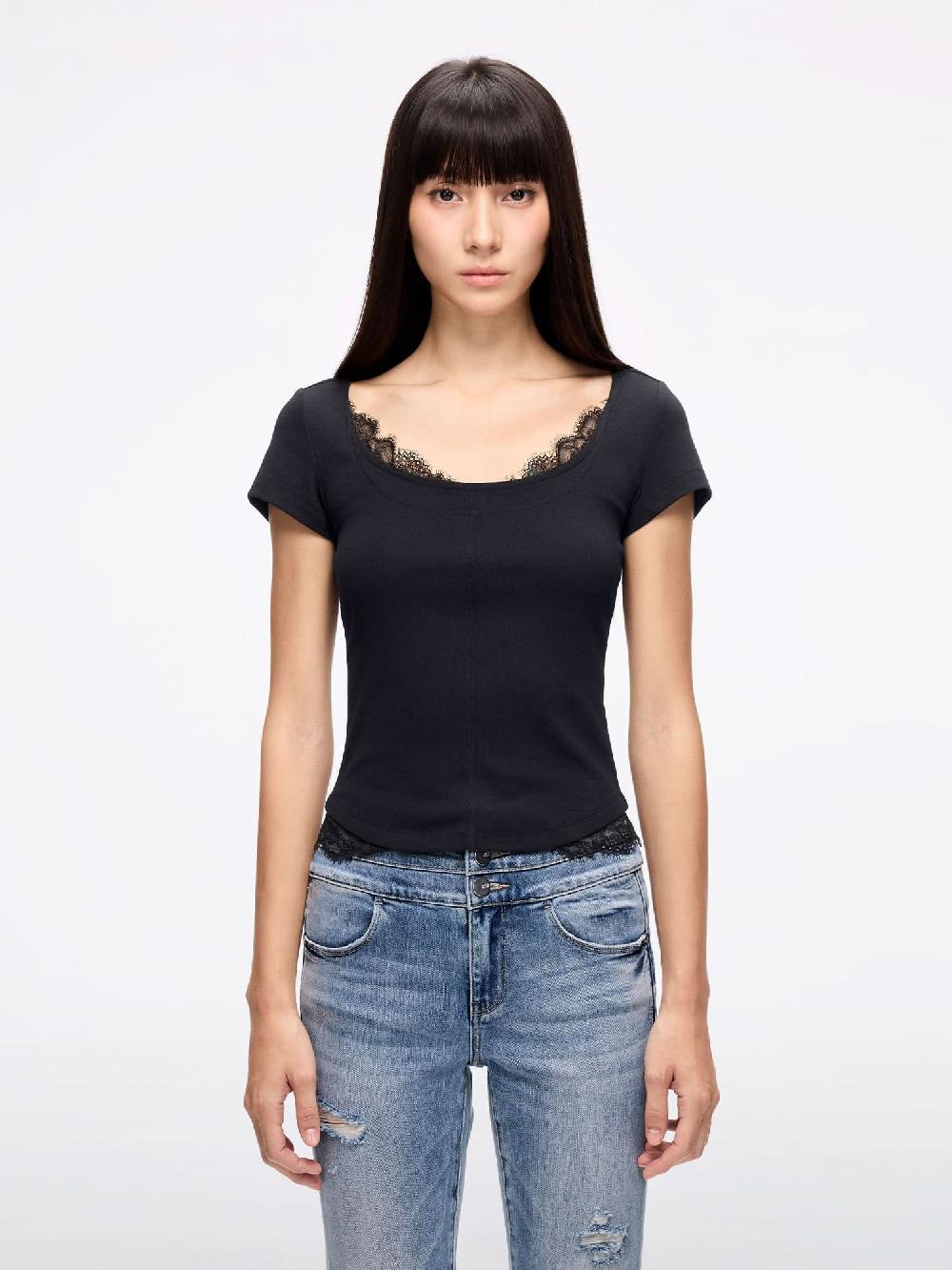 miss sixty LACE PANEL CROPPED T-SHIRT BLACK