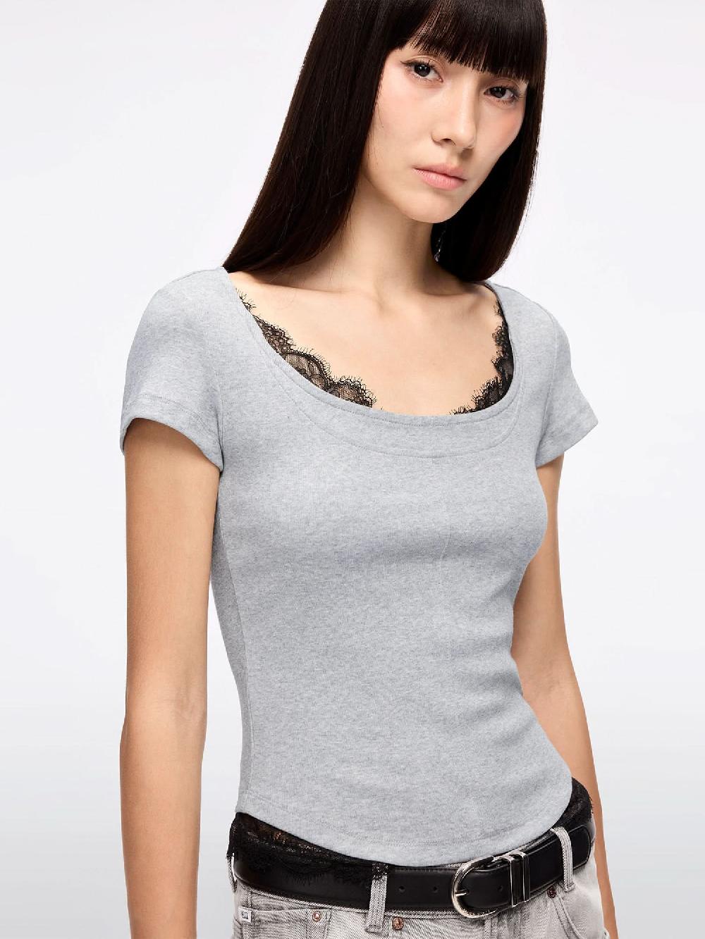 Miss Sixty LACE PANEL CROPPED T-SHIRT HEATHER GREY