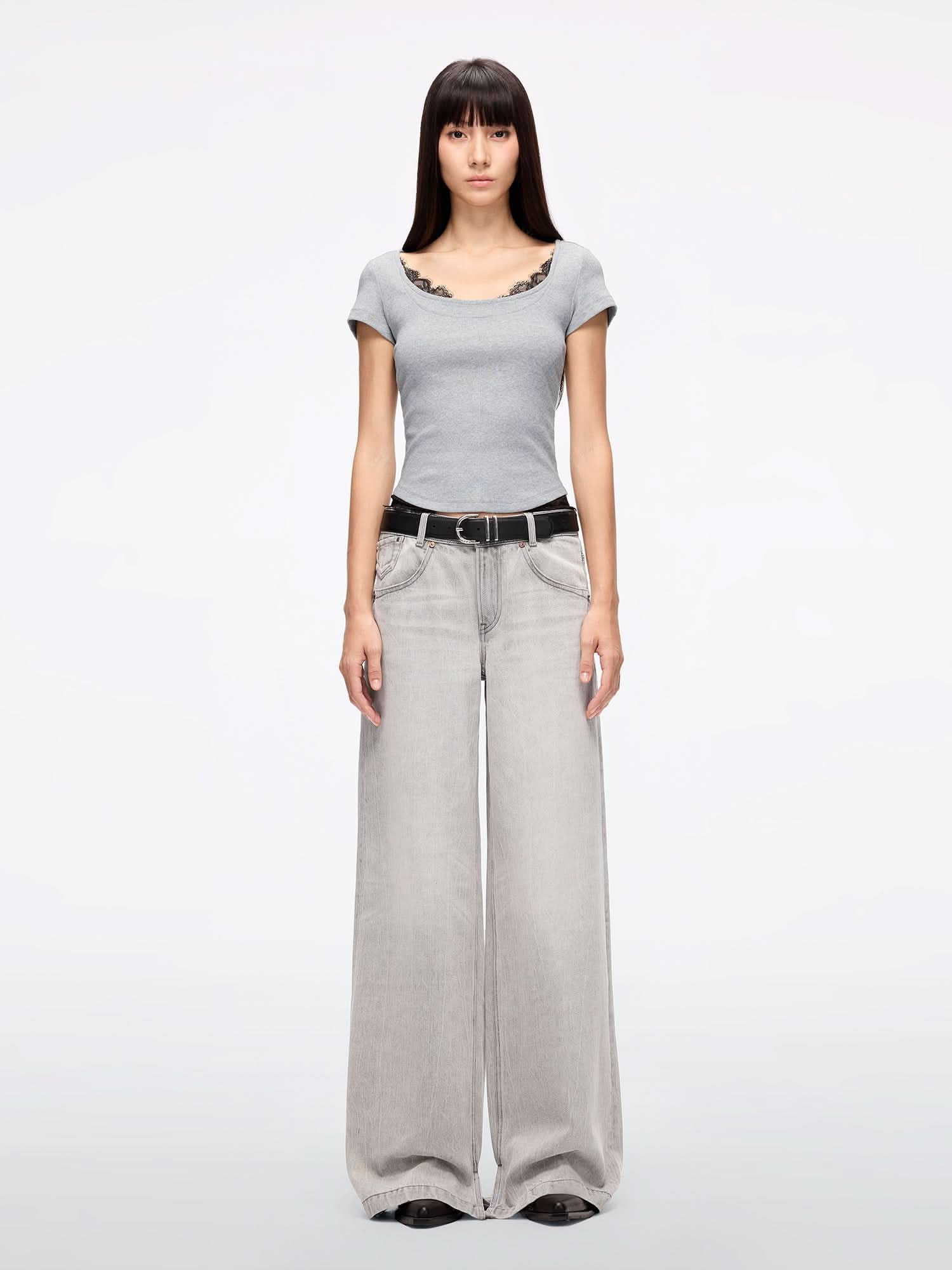 Miss Sixty LACE PANEL CROPPED T-SHIRT HEATHER GREY