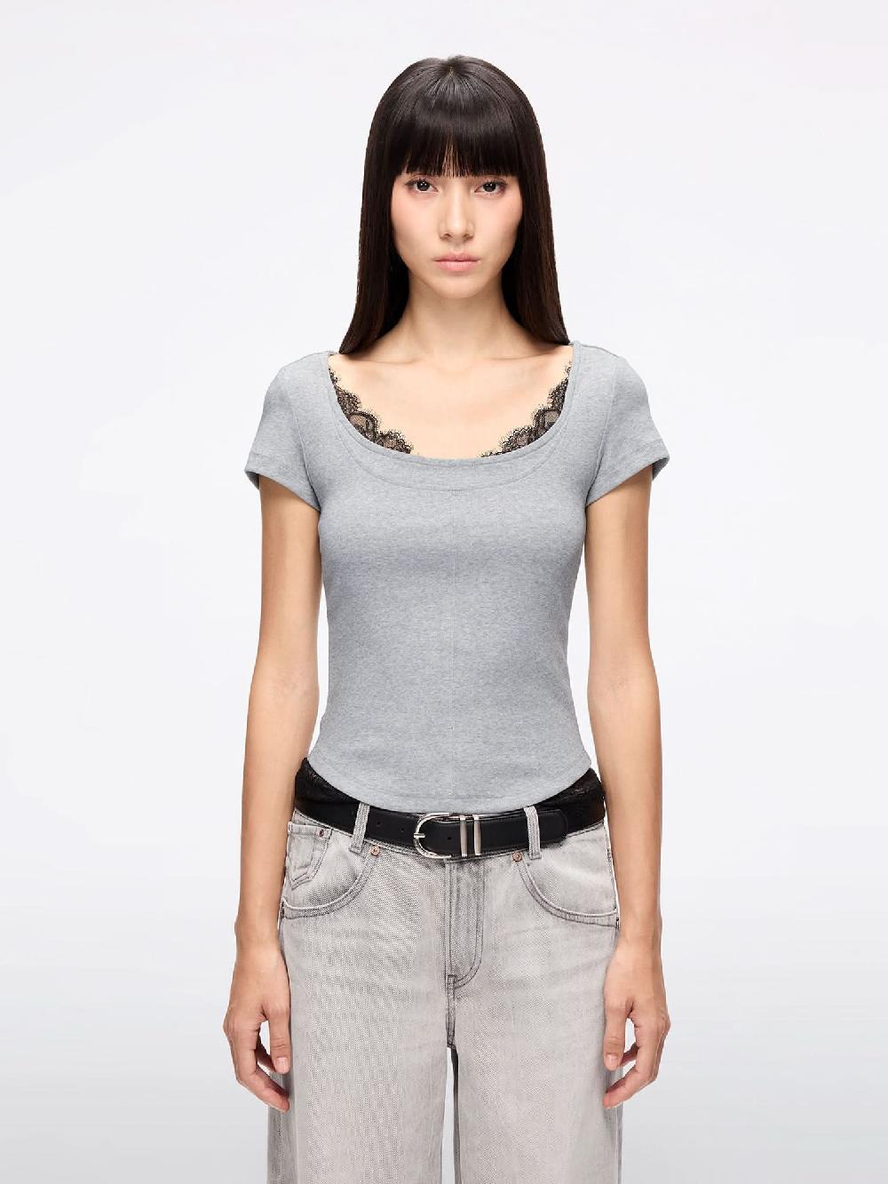 miss sixty LACE PANEL CROPPED T-SHIRT HEATHER GREY