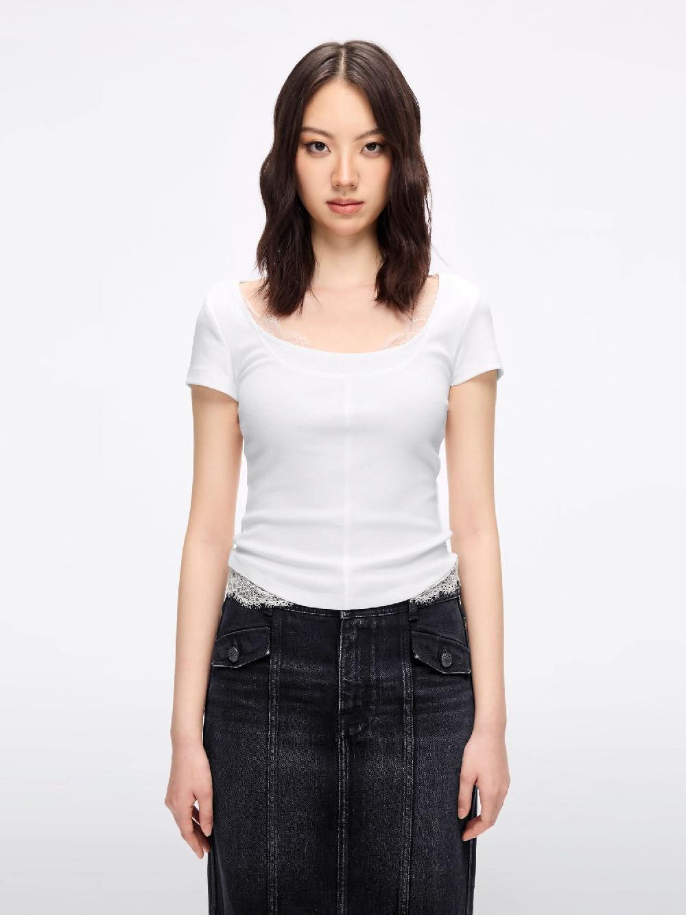 miss sixty LACE PANEL CROPPED T-SHIRT WHITE