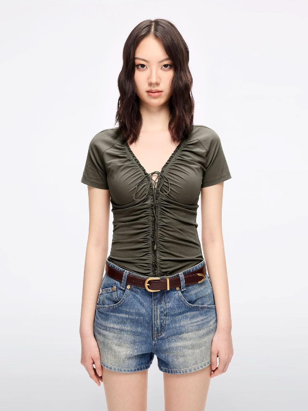 miss sixty LACE-UP CROPPED T-SHIRT VERDE MILITARE