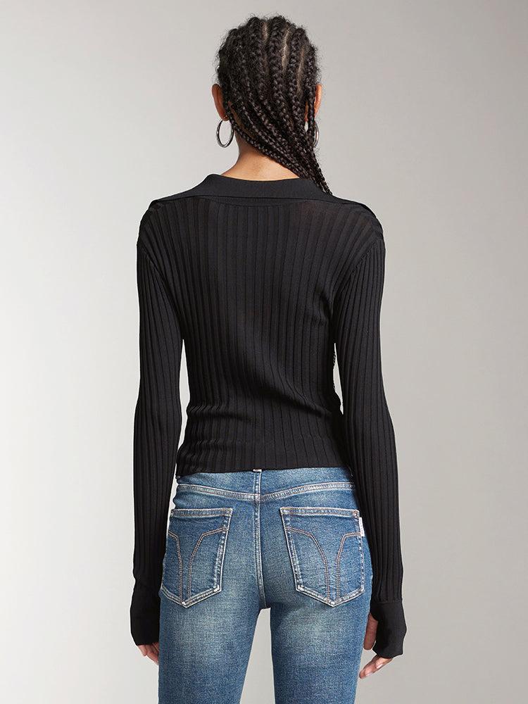 Miss Sixty LAPEL CROPPED SLIM FIT KNIT TOP BLACK