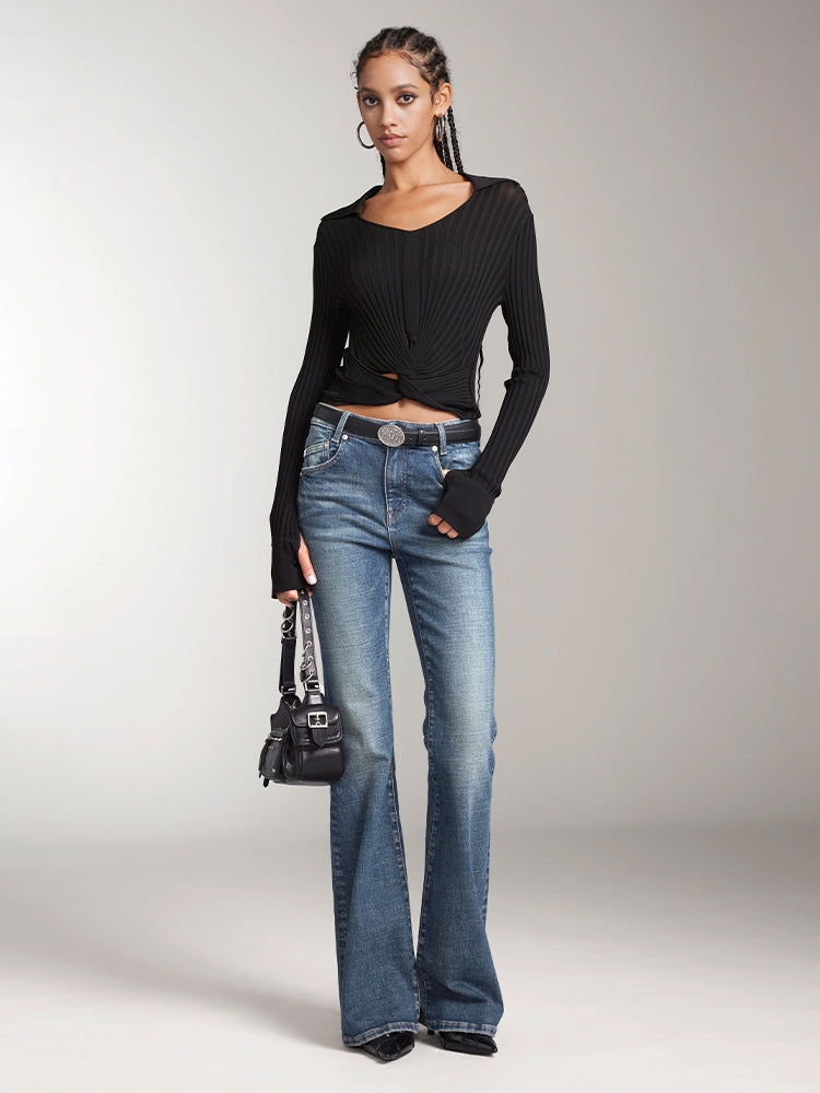 Miss Sixty LAPEL CROPPED SLIM FIT KNIT TOP BLACK