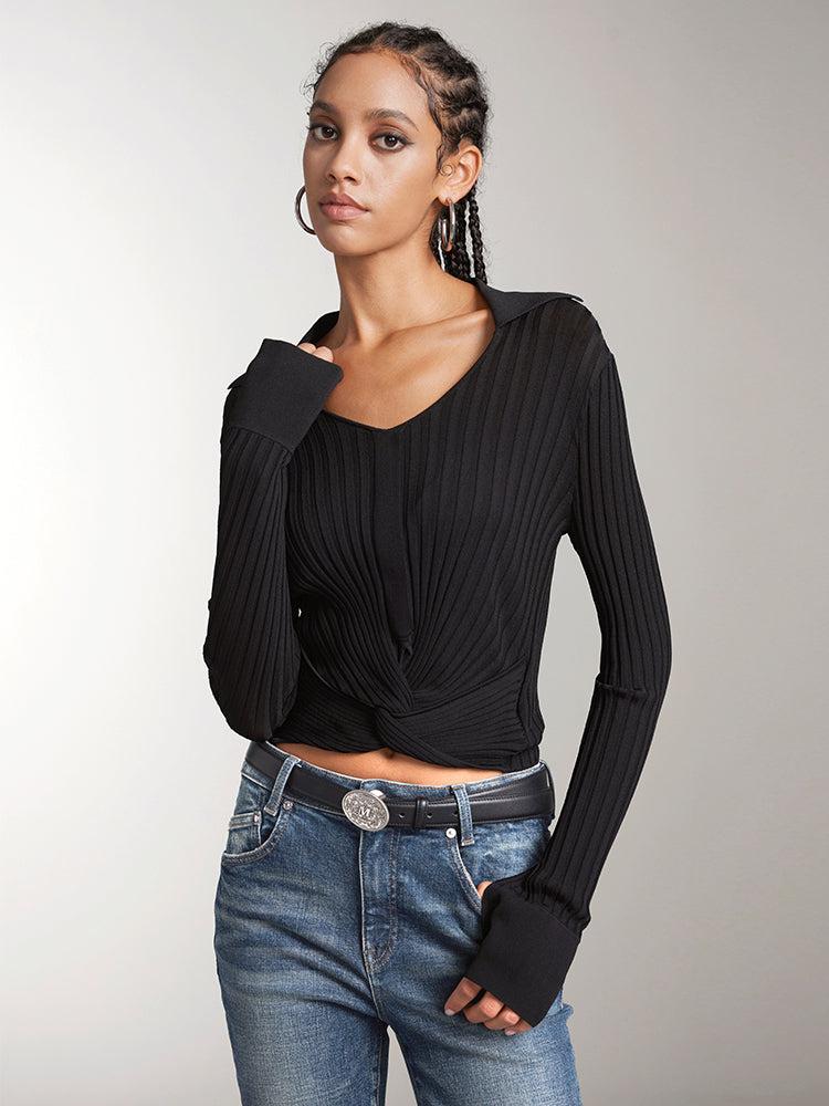 miss sixty LAPEL CROPPED SLIM FIT KNIT TOP BLACK