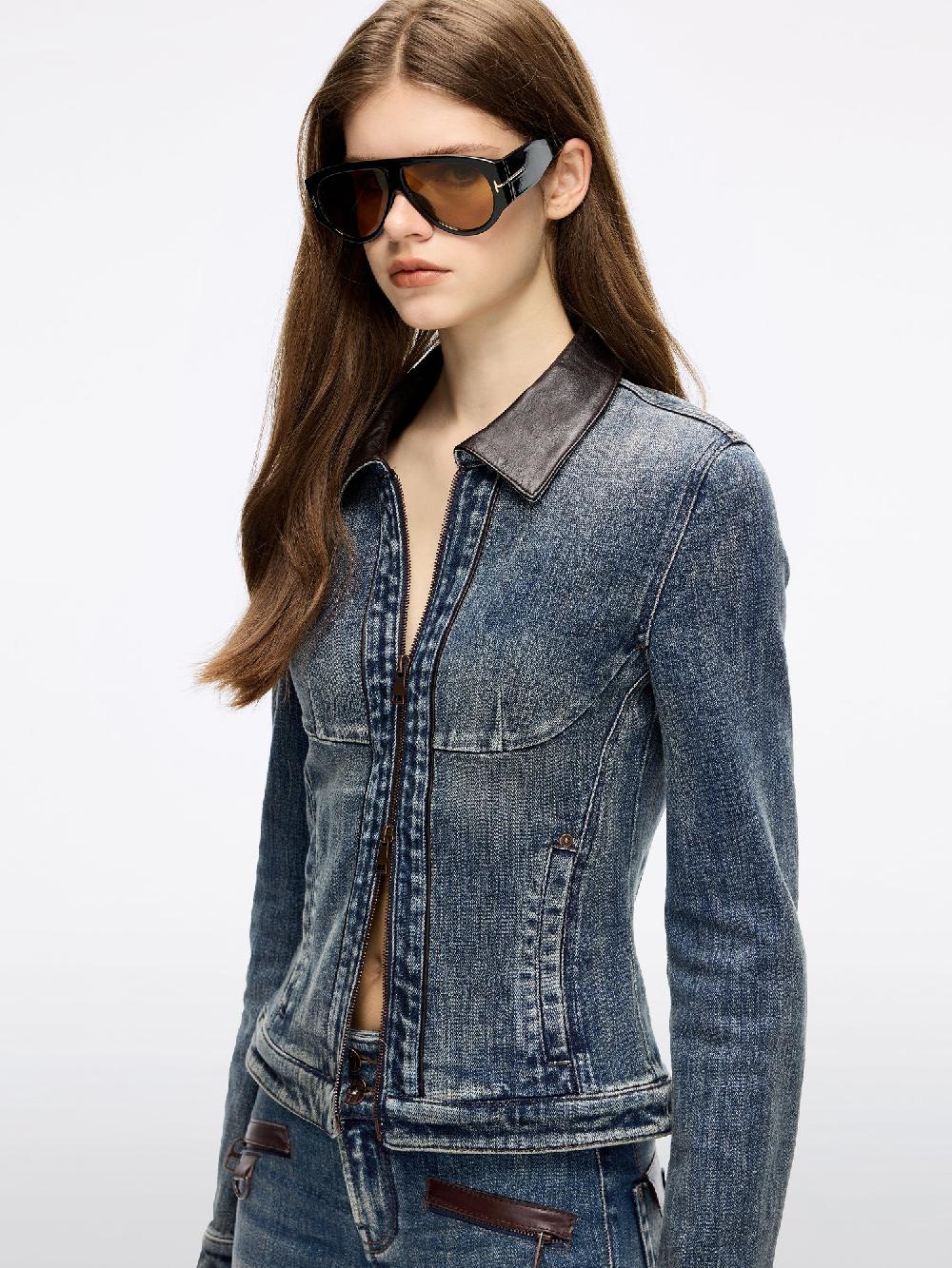 Miss Sixty LEATHER-PANEL DENIM JACKET DEEP BLUE