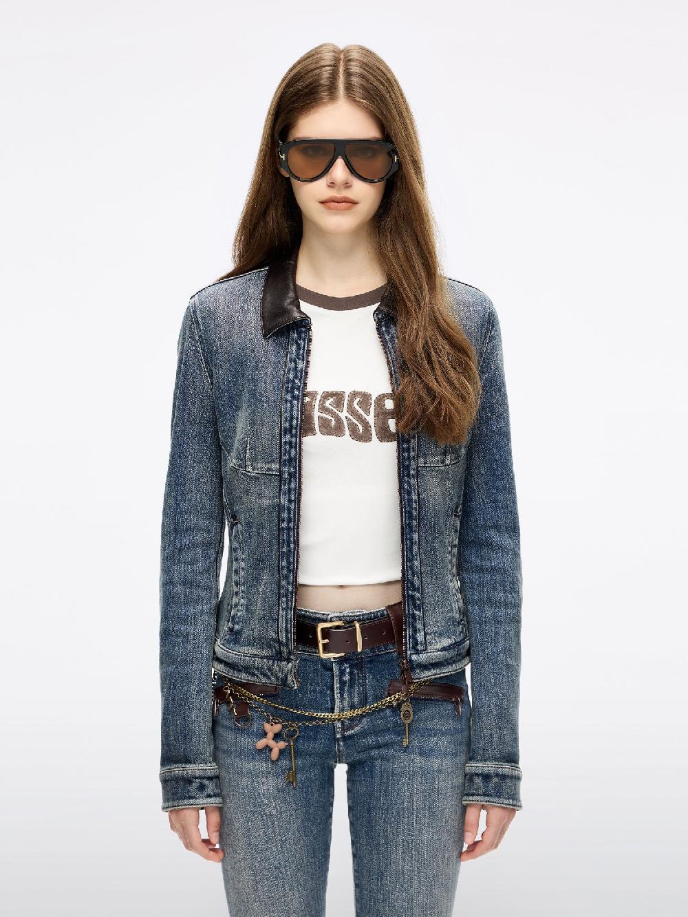 miss sixty LEATHER-PANEL DENIM JACKET DEEP BLUE