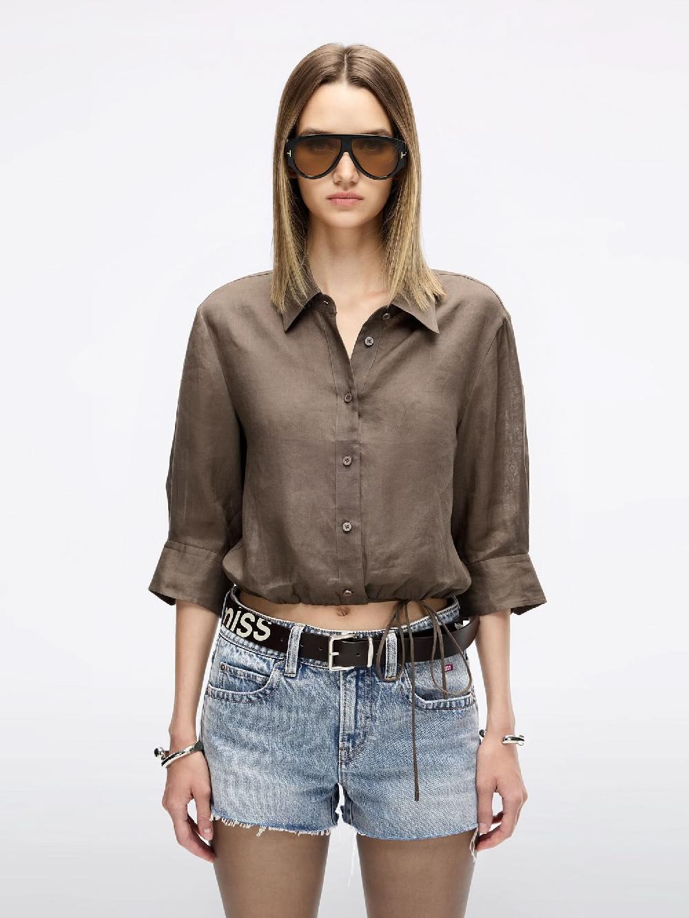 miss sixty LINEN TIE-FRONT SHIRT PALM GREY