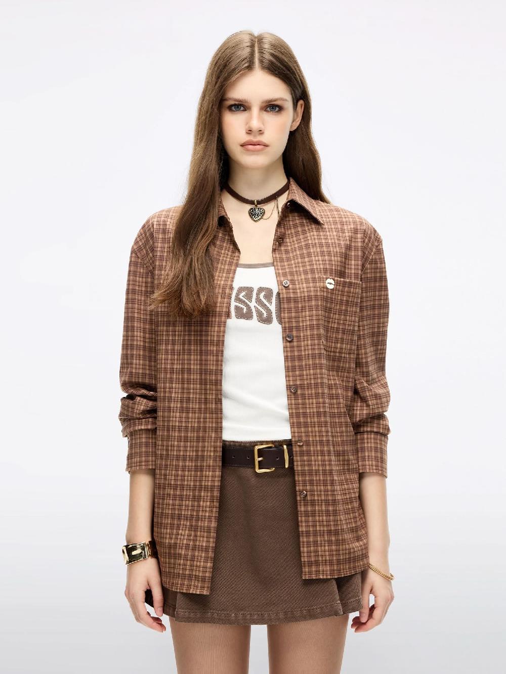 miss sixty LIP PRINT PLAID SHIRT DARK KHAKI