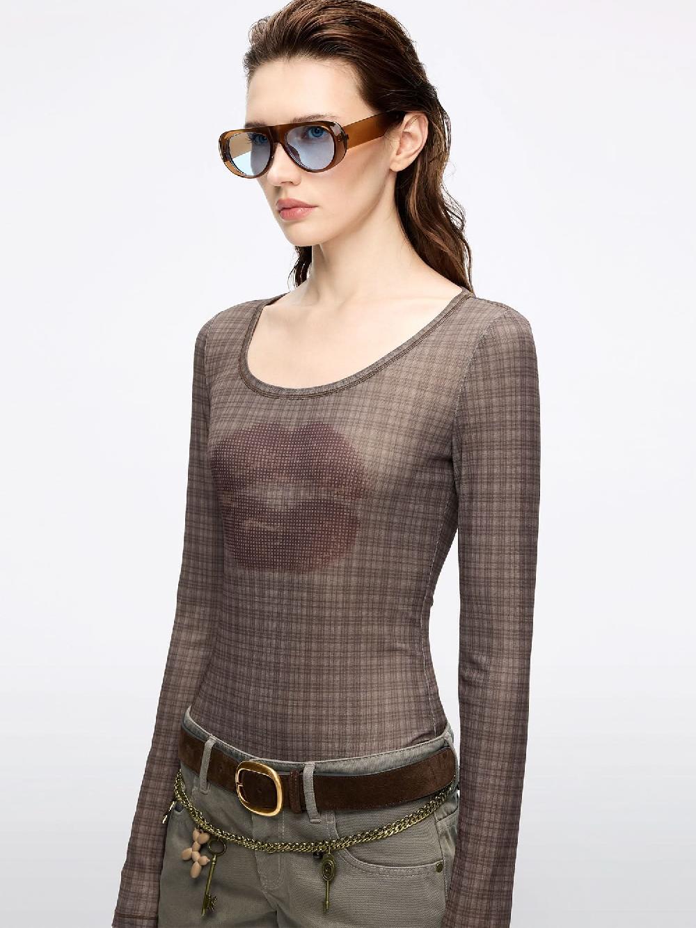 Miss Sixty LIP PRINT PLAID T-SHIRT EBONY BROWN