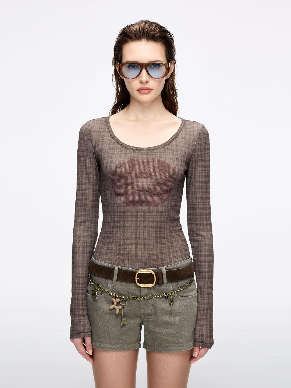 miss sixty LIP PRINT PLAID T-SHIRT EBONY BROWN