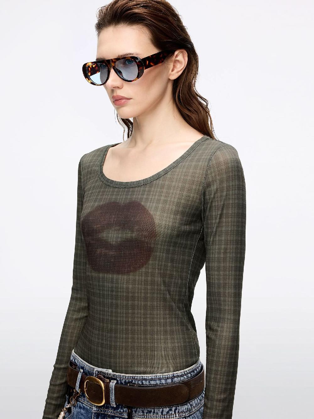 Miss Sixty LIP PRINT PLAID T-SHIRT OLIVE GREEN