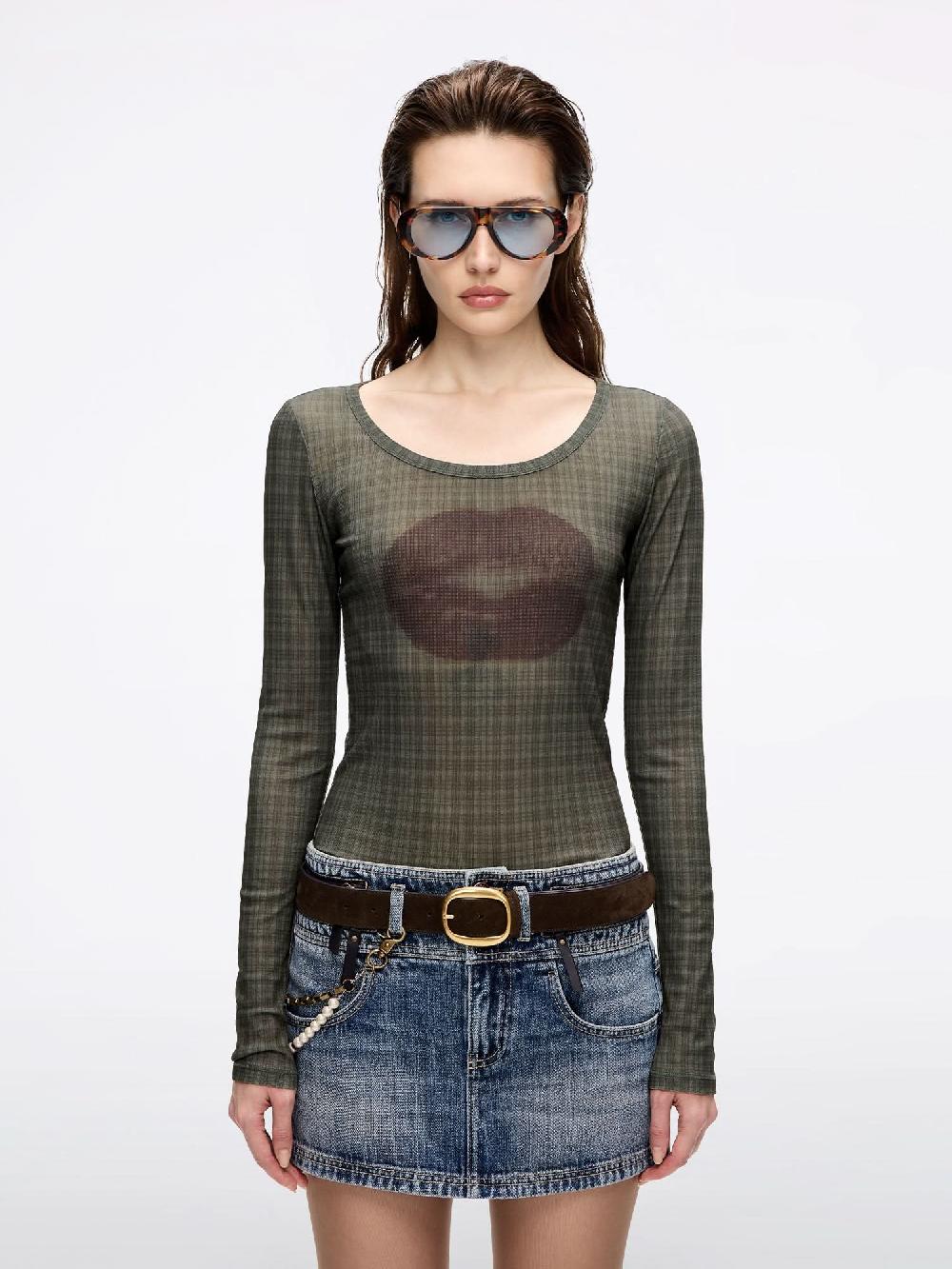 miss sixty LIP PRINT PLAID T-SHIRT OLIVE GREEN