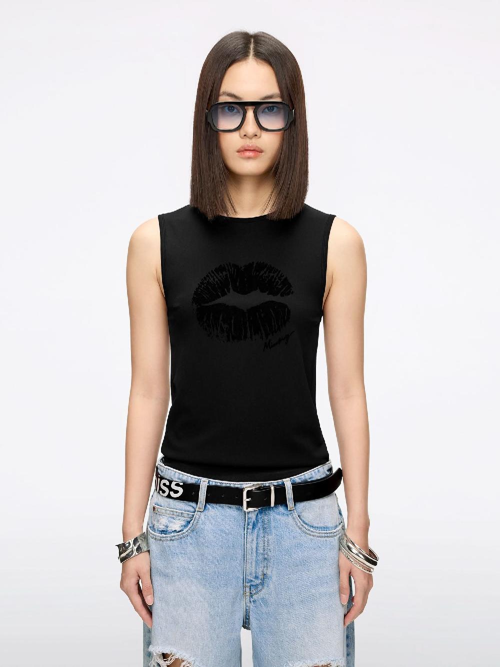 miss sixty LIP PRINT SLEEVELESS T-SHIRT BLACK