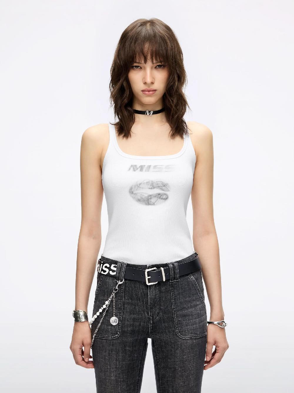 miss sixty LIPS PRINT SLEEVELESS T-SHIRT WHITE