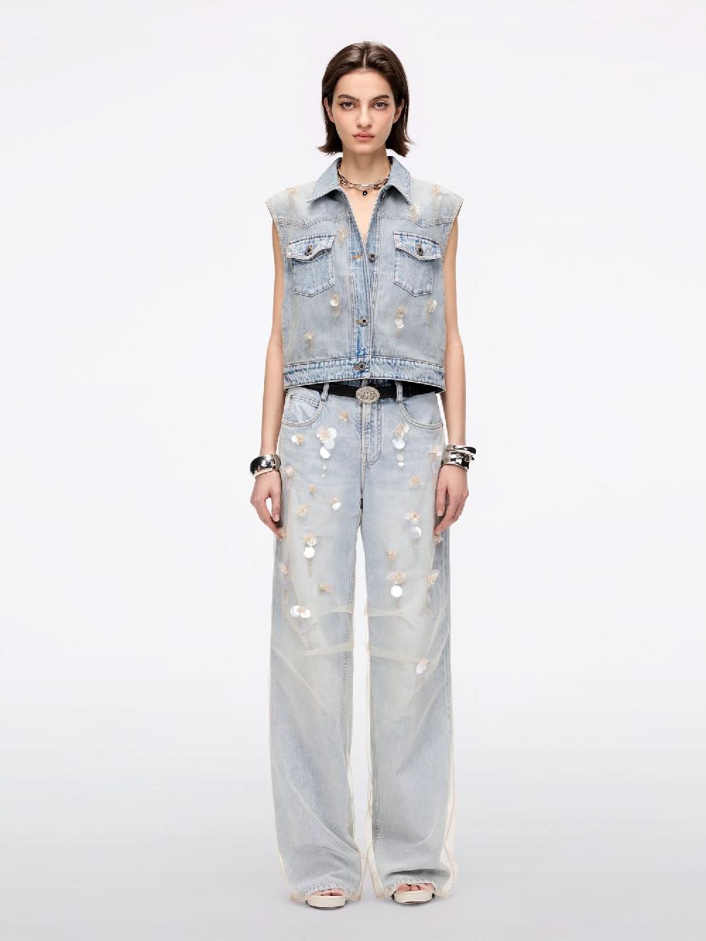 Miss Sixty MESH AND BEADED DENIM VEST LIGHT BLUE