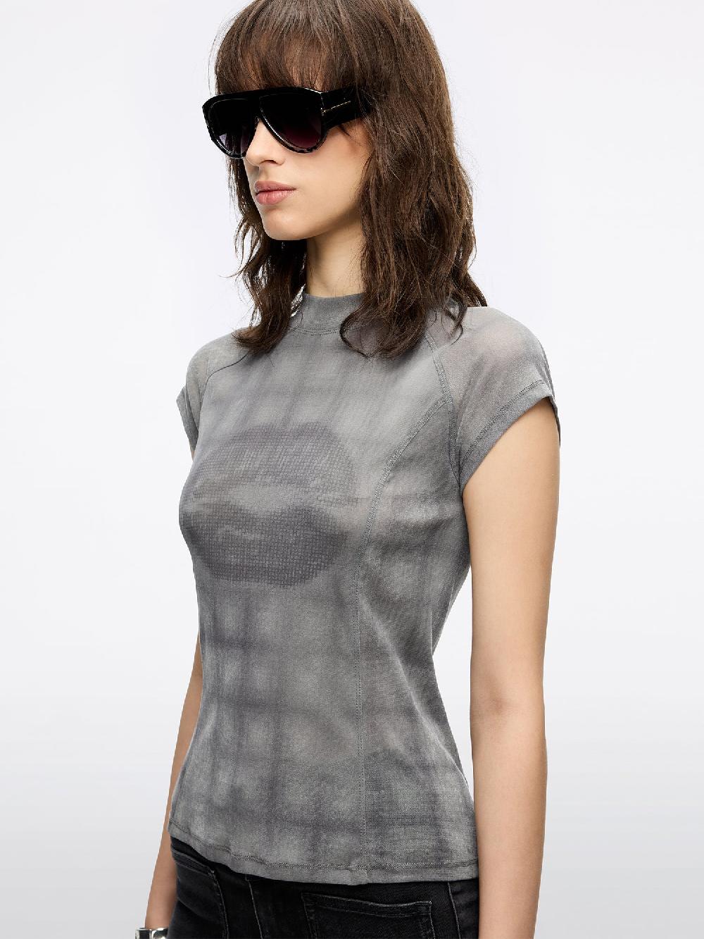 Miss Sixty MOCK NECK LIPS PRINT T-SHIRT PARIS GREY