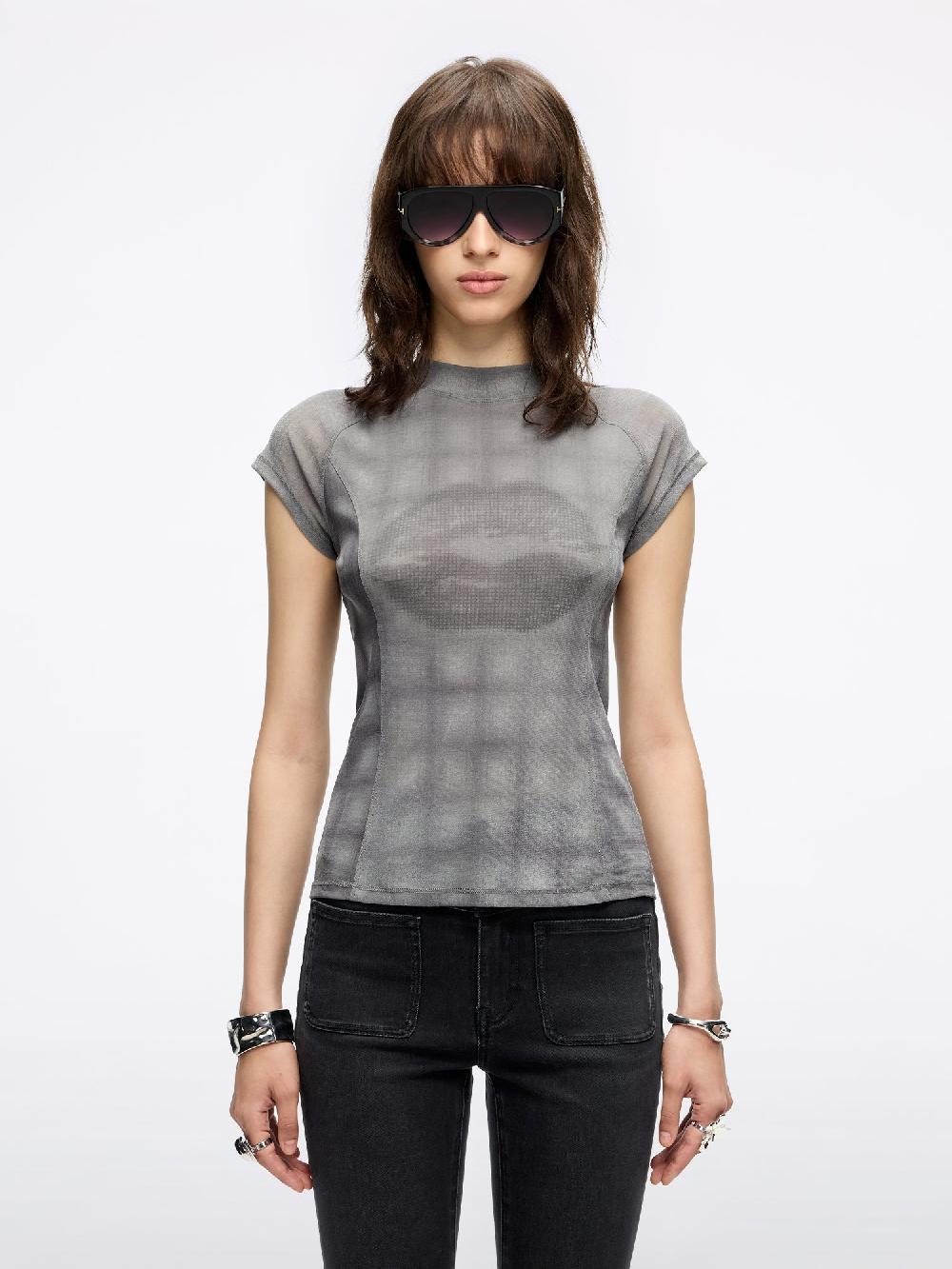 miss sixty MOCK NECK LIPS PRINT T-SHIRT PARIS GREY