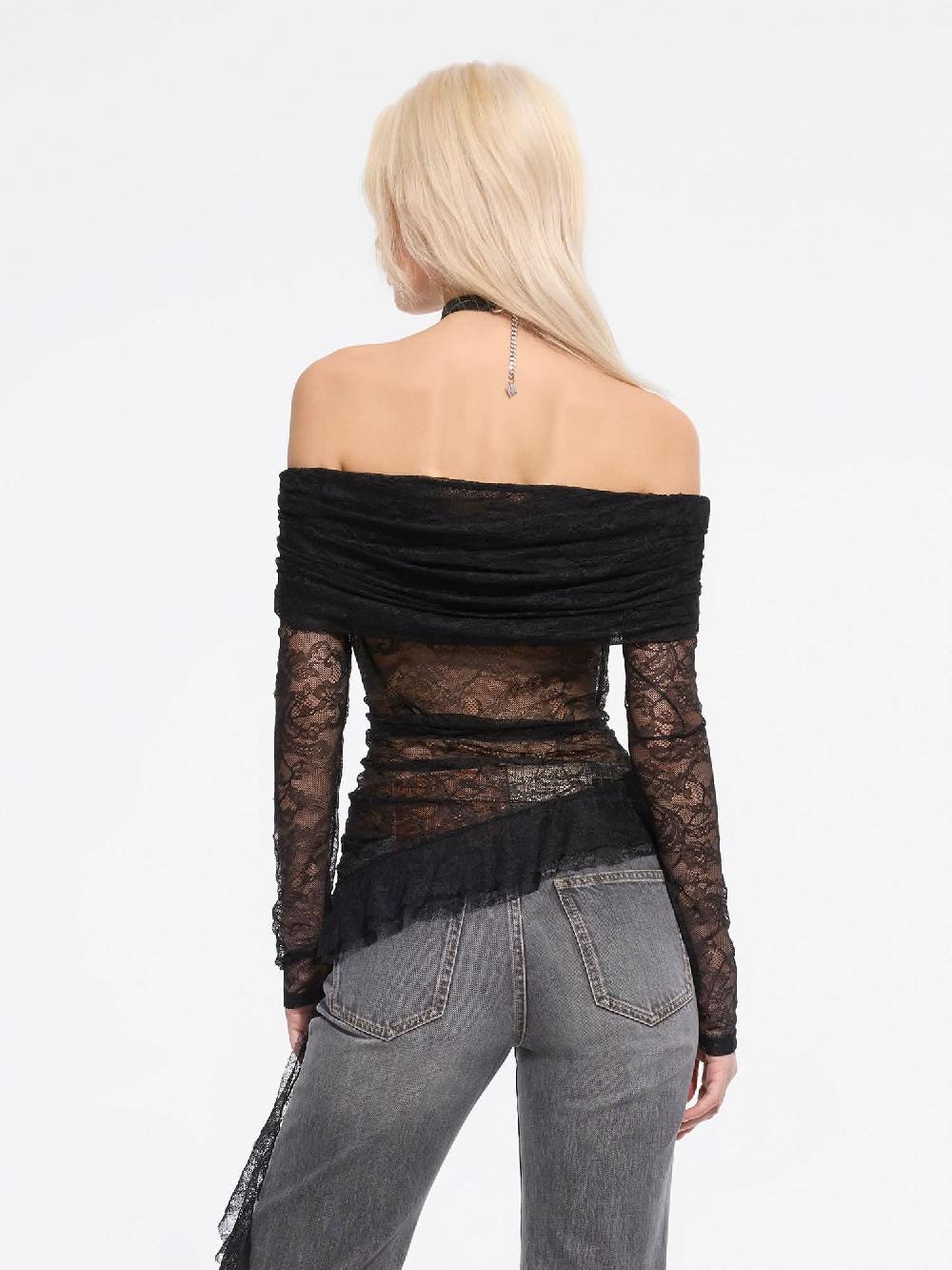 Miss Sixty OFF-SHOULDER LACE BLOUSE BLACK