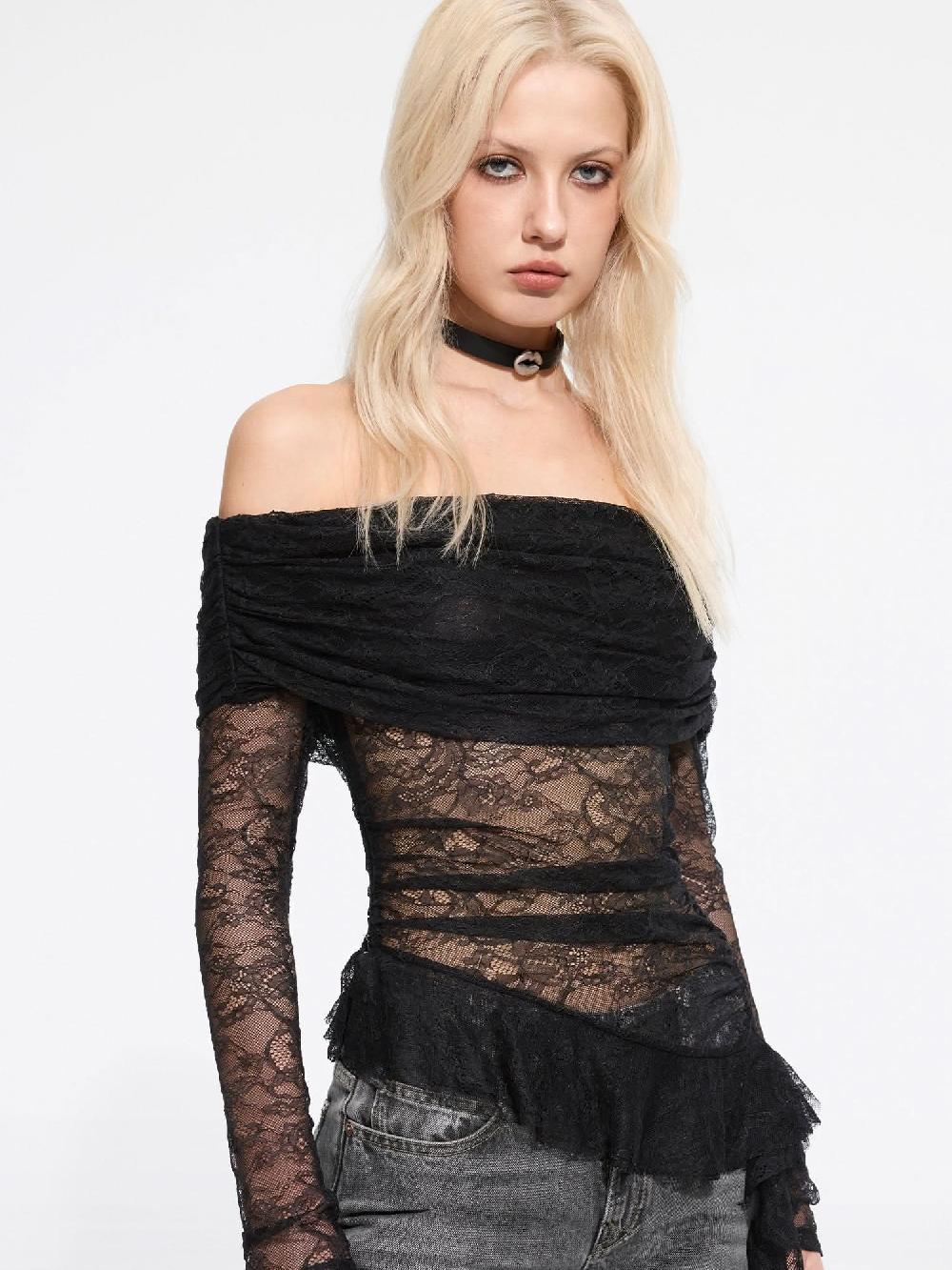 Miss Sixty OFF-SHOULDER LACE BLOUSE BLACK