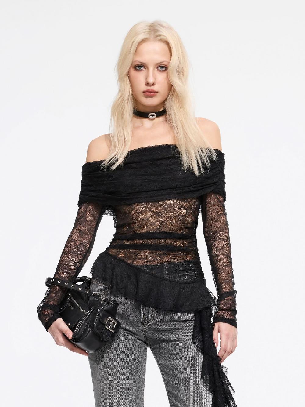 miss sixty OFF-SHOULDER LACE BLOUSE BLACK