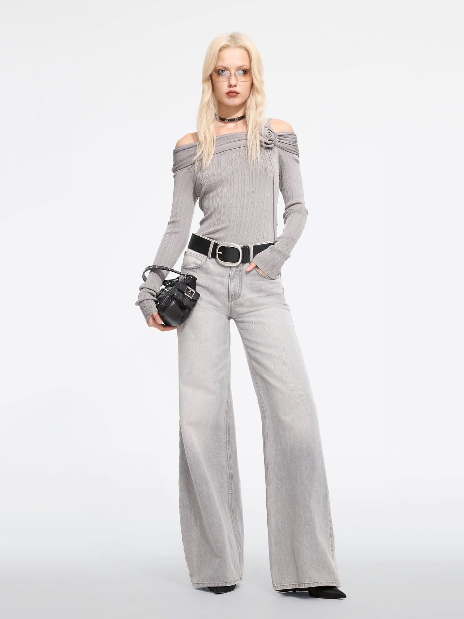 Miss Sixty OFF-THE-SHOULDER KNIT TOP GREY