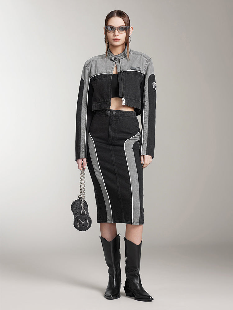 Miss Sixty PATCHWORK DENIM MIDI SKIRT BLACK FOG