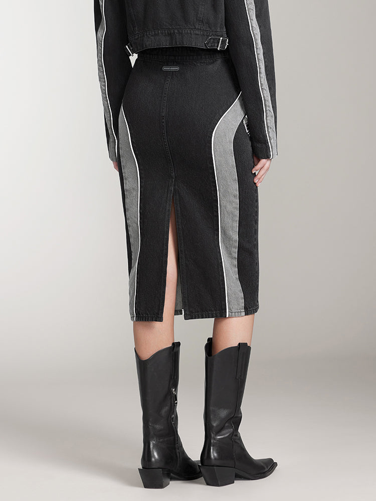 Miss Sixty PATCHWORK DENIM MIDI SKIRT BLACK FOG