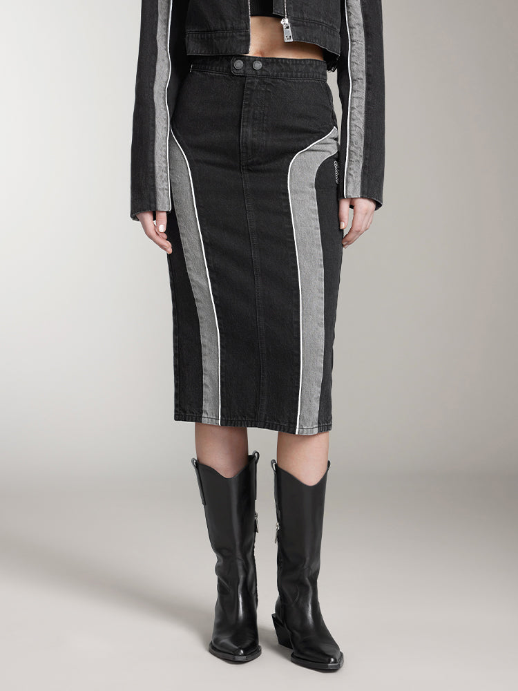 miss sixty PATCHWORK DENIM MIDI SKIRT BLACK FOG