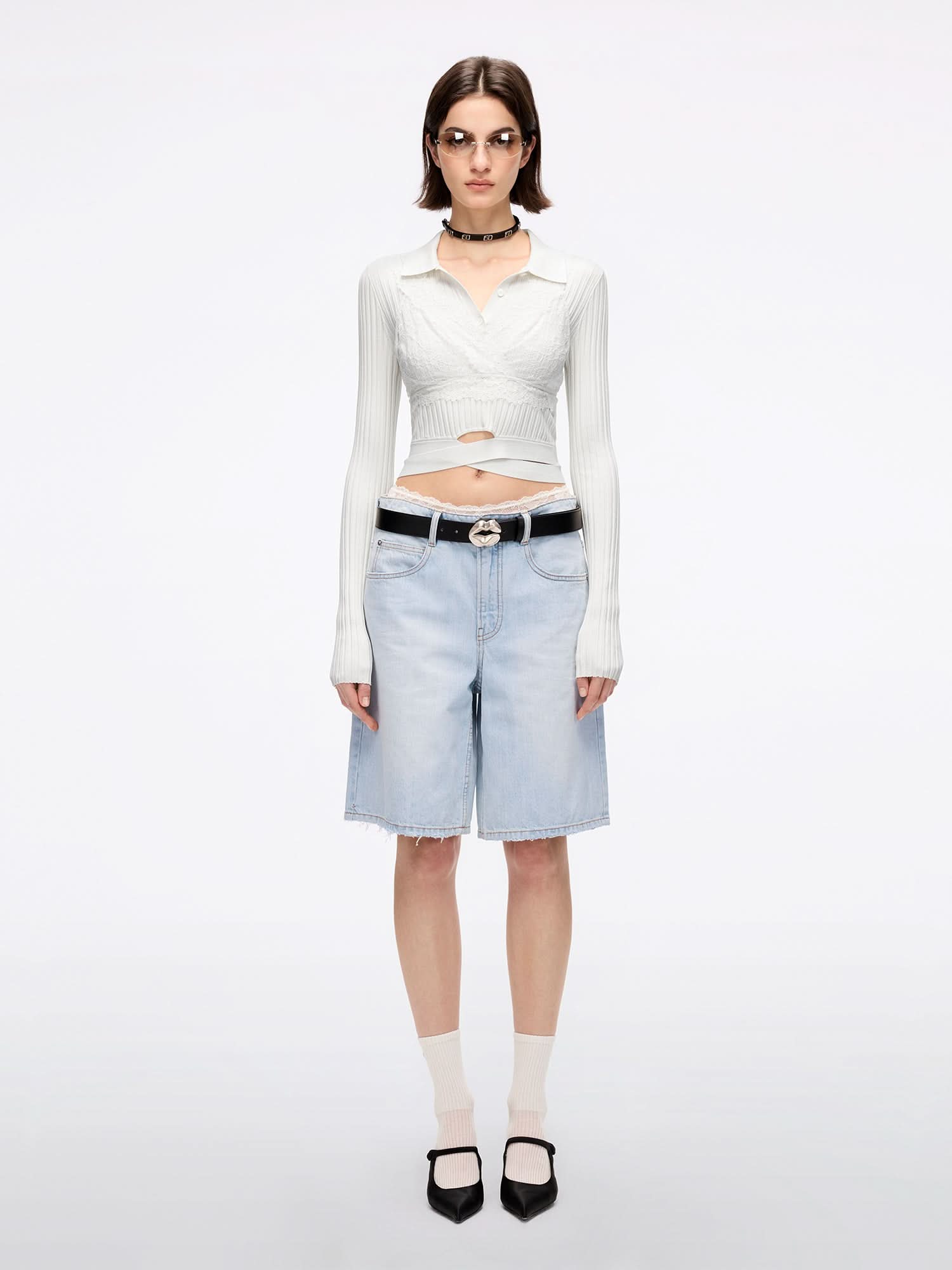 Miss Sixty PATCHWORK WAIST DENIM SHORTS LIGHT BLUE