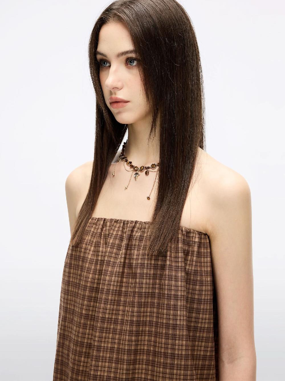 Miss Sixty PLAID STRAPLESS TOP DARK KHAKI