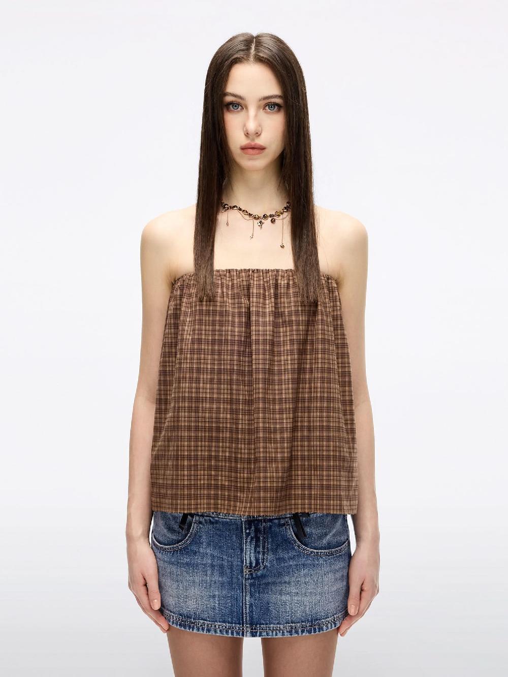 miss sixty PLAID STRAPLESS TOP DARK KHAKI