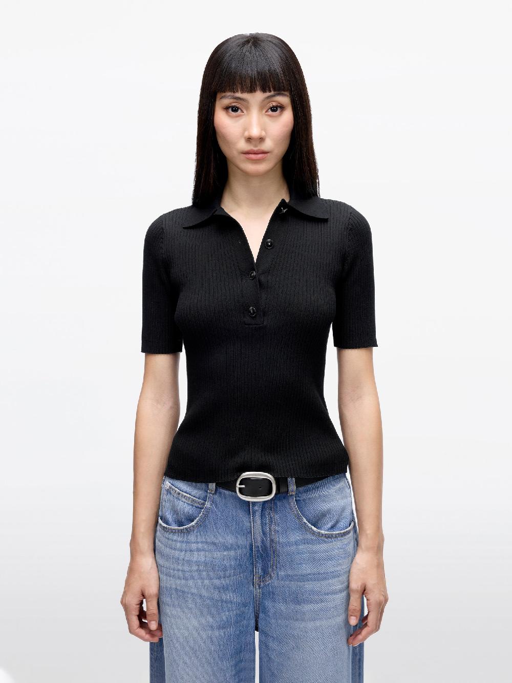 miss sixty POLO COLLAR CROPPED KNIT TOP BLACK