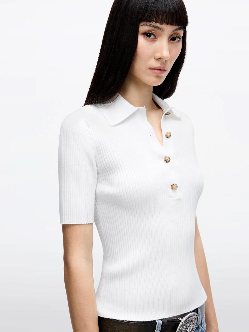 Miss Sixty POLO COLLAR CROPPED KNIT TOP WHITE