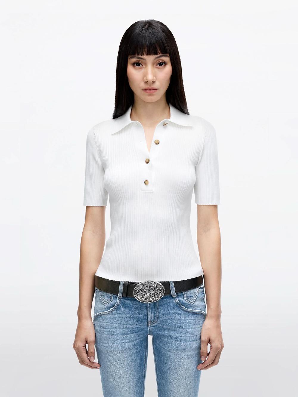 miss sixty POLO COLLAR CROPPED KNIT TOP WHITE