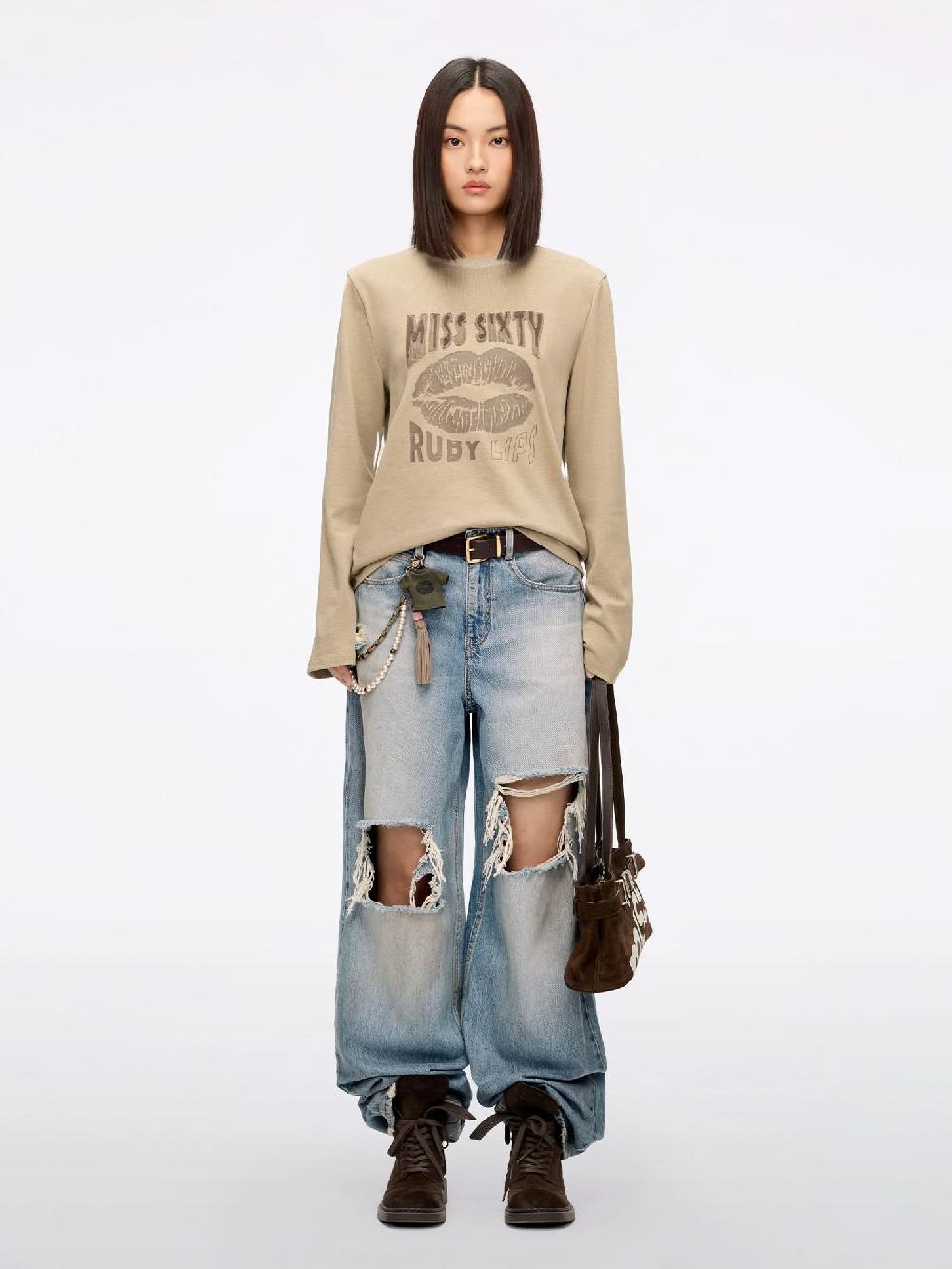 Miss Sixty PRINTED LONG-SLEEVE T-SHIRT KHAKI