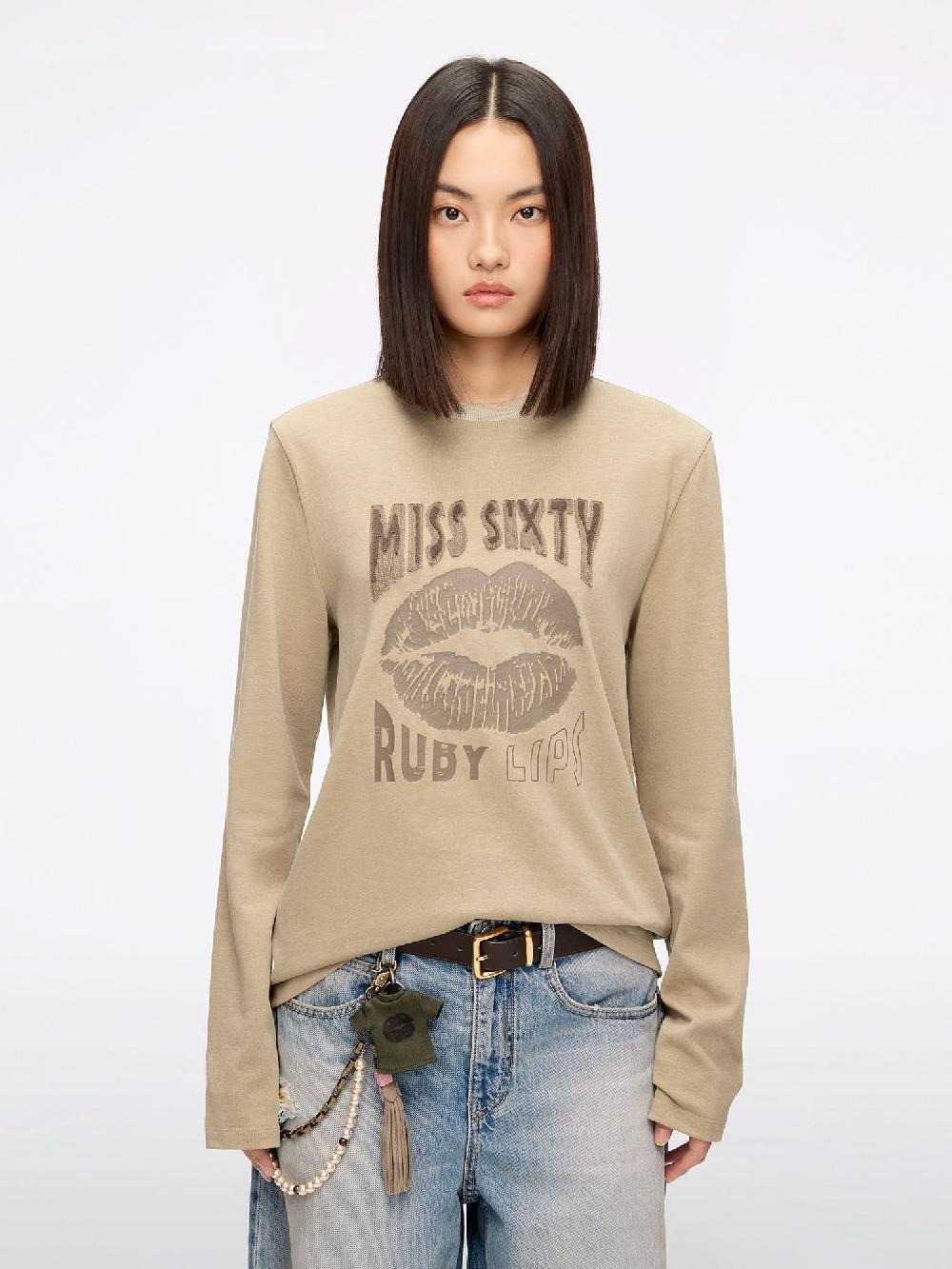 miss sixty PRINTED LONG-SLEEVE T-SHIRT KHAKI