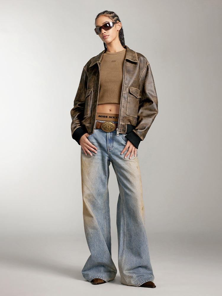 Miss Sixty RETRO STYLE LEATHER JACKET PALM GREY