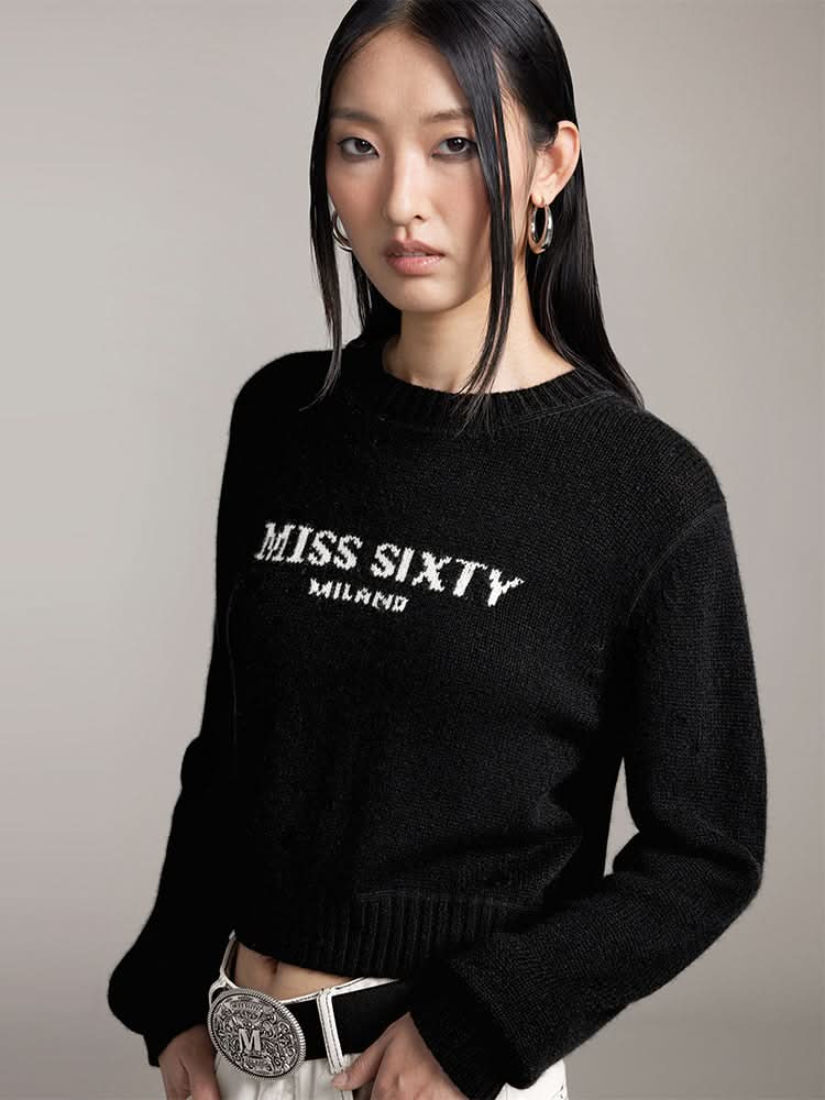 Miss Sixty ROUND NECK KNIT TOP WITH LOGO BLACK