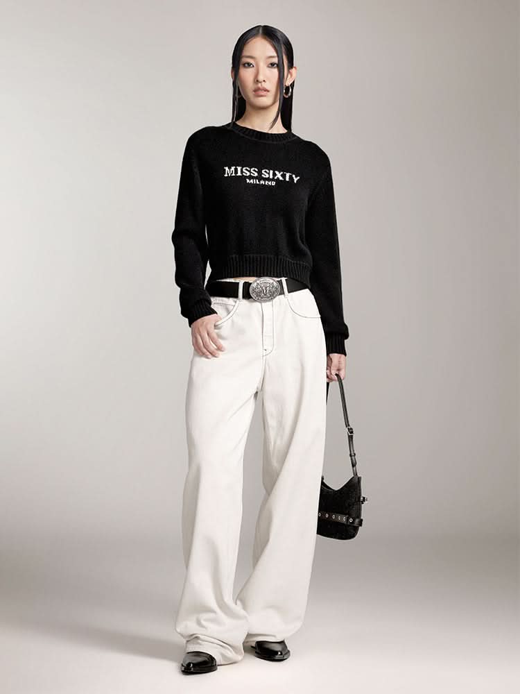 Miss Sixty ROUND NECK KNIT TOP WITH LOGO BLACK