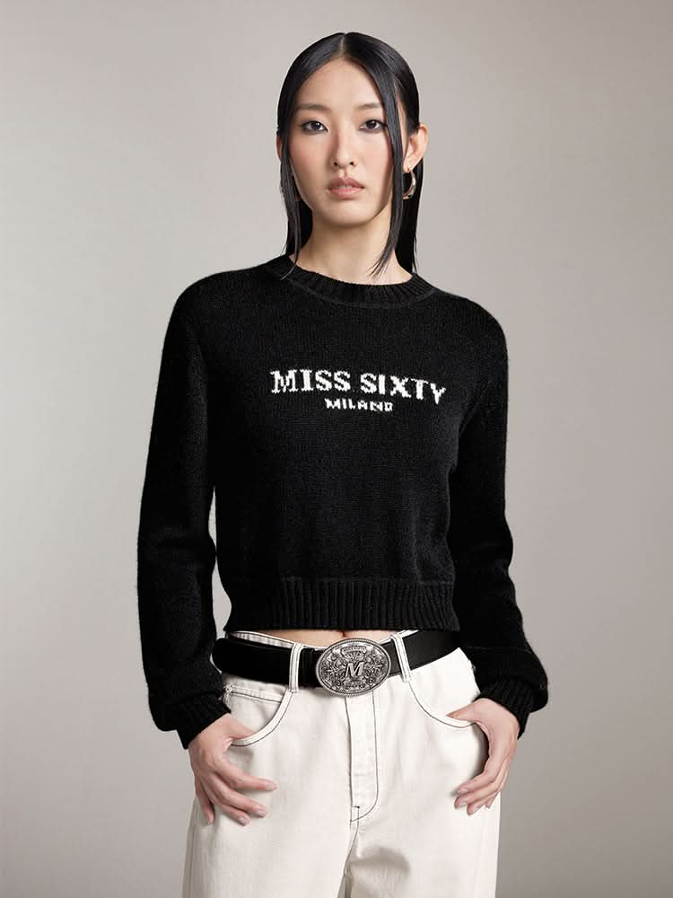 miss sixty ROUND NECK KNIT TOP WITH LOGO BLACK