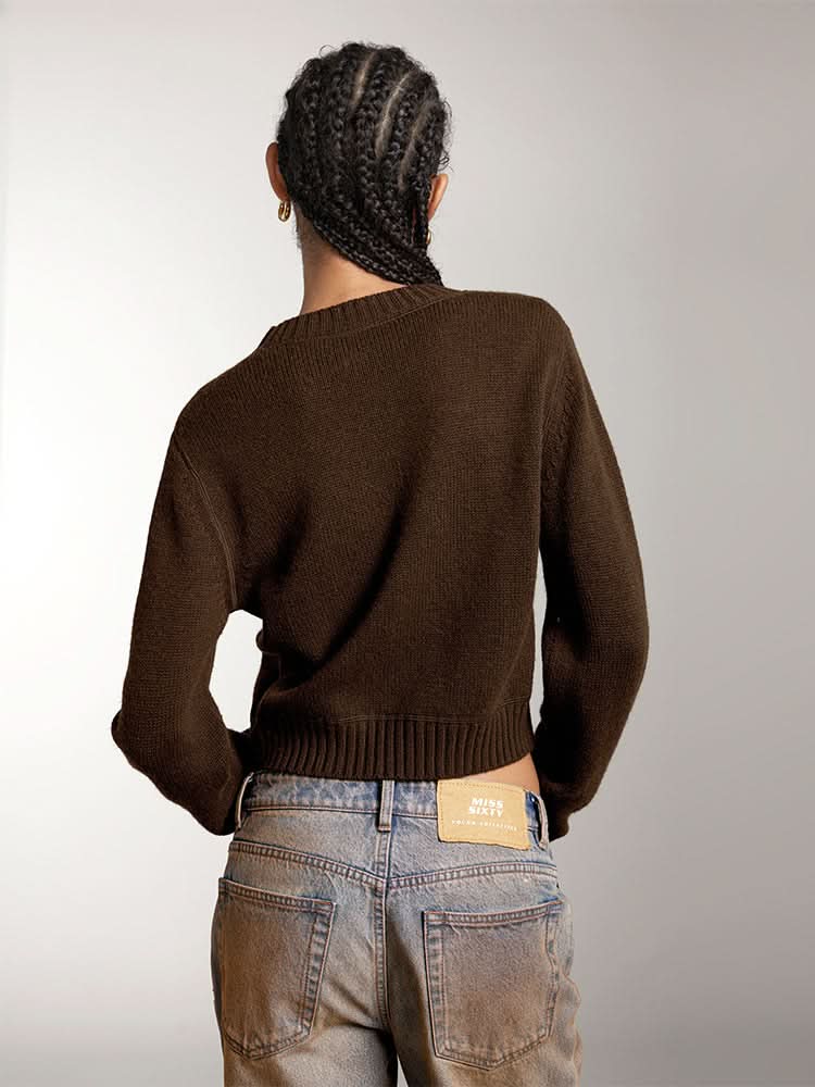 Miss Sixty ROUND NECK KNIT TOP WITH LOGO COFFEE