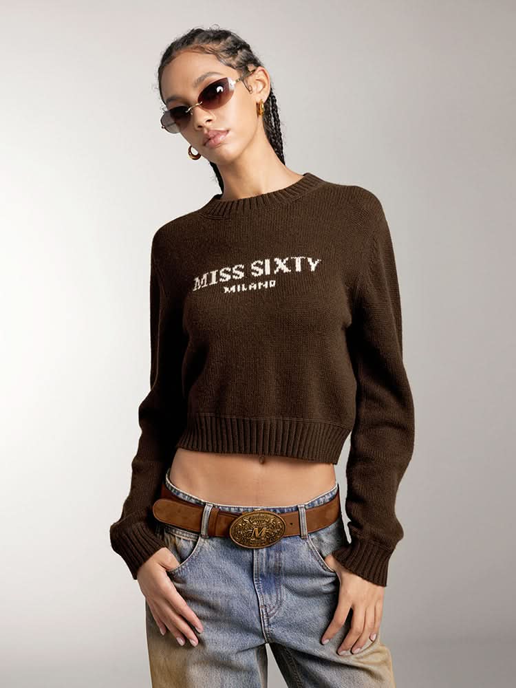 miss sixty ROUND NECK KNIT TOP WITH LOGO COFFEE