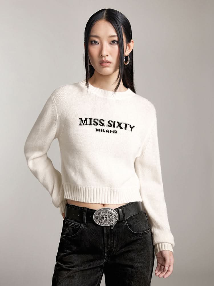 miss sixty ROUND NECK KNIT TOP WITH LOGO OFF WHITE