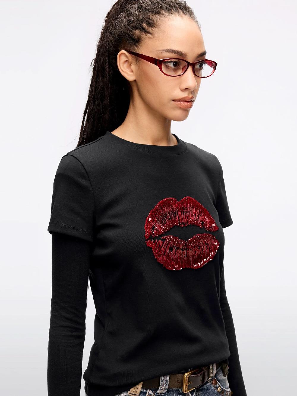 Miss Sixty ROUND NECK LIP PRINT T-SHIRT BLACK