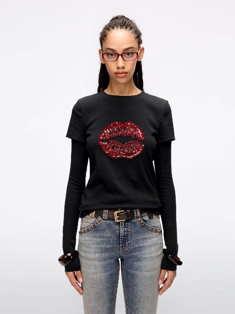 miss sixty ROUND NECK LIP PRINT T-SHIRT BLACK