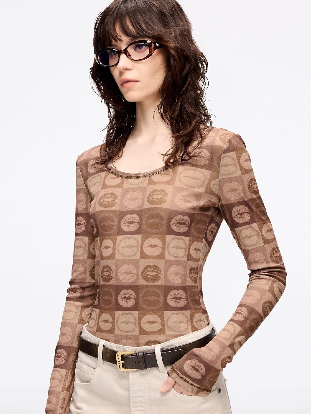 Miss Sixty SLIM-FIT LIP PRINT T-SHIRT MOCHA BROWN