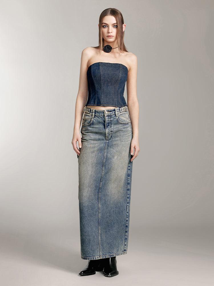 Miss Sixty SLIT DENIM MAXI SKIRT GREY BLUE